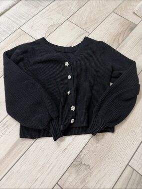 STATE Black Knit Cardigan with Rhinestone Flower Buttons